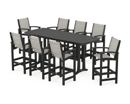 POLYWOOD® Coastal 9-Piece Bar Set with Trestle Legs in Black / Birch Sling