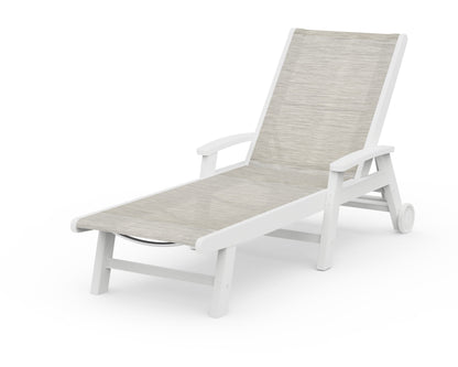 POLYWOOD® Coastal Chaise with Wheels in White / Birch Sling
