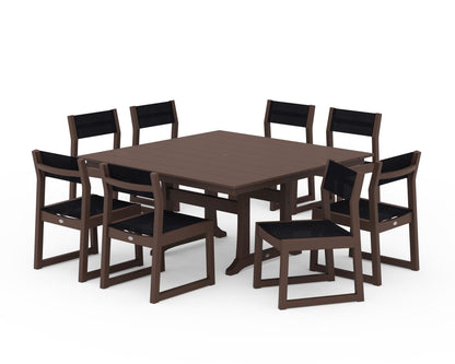 POLYWOOD® EDGE Sling Side Chair 9-Piece Farmhouse Trestle Dining Set in Mahogany / Black Sling