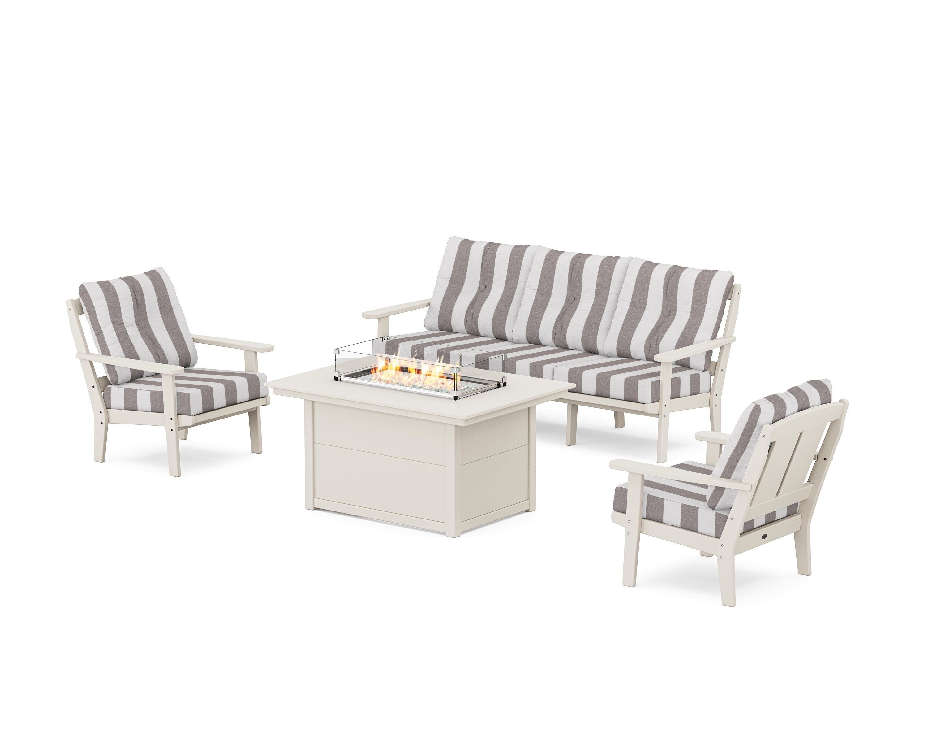 POLYWOOD® Mission Deep Seating Fire Pit Table Set in Sand / Cabana Stripe Grey Mist