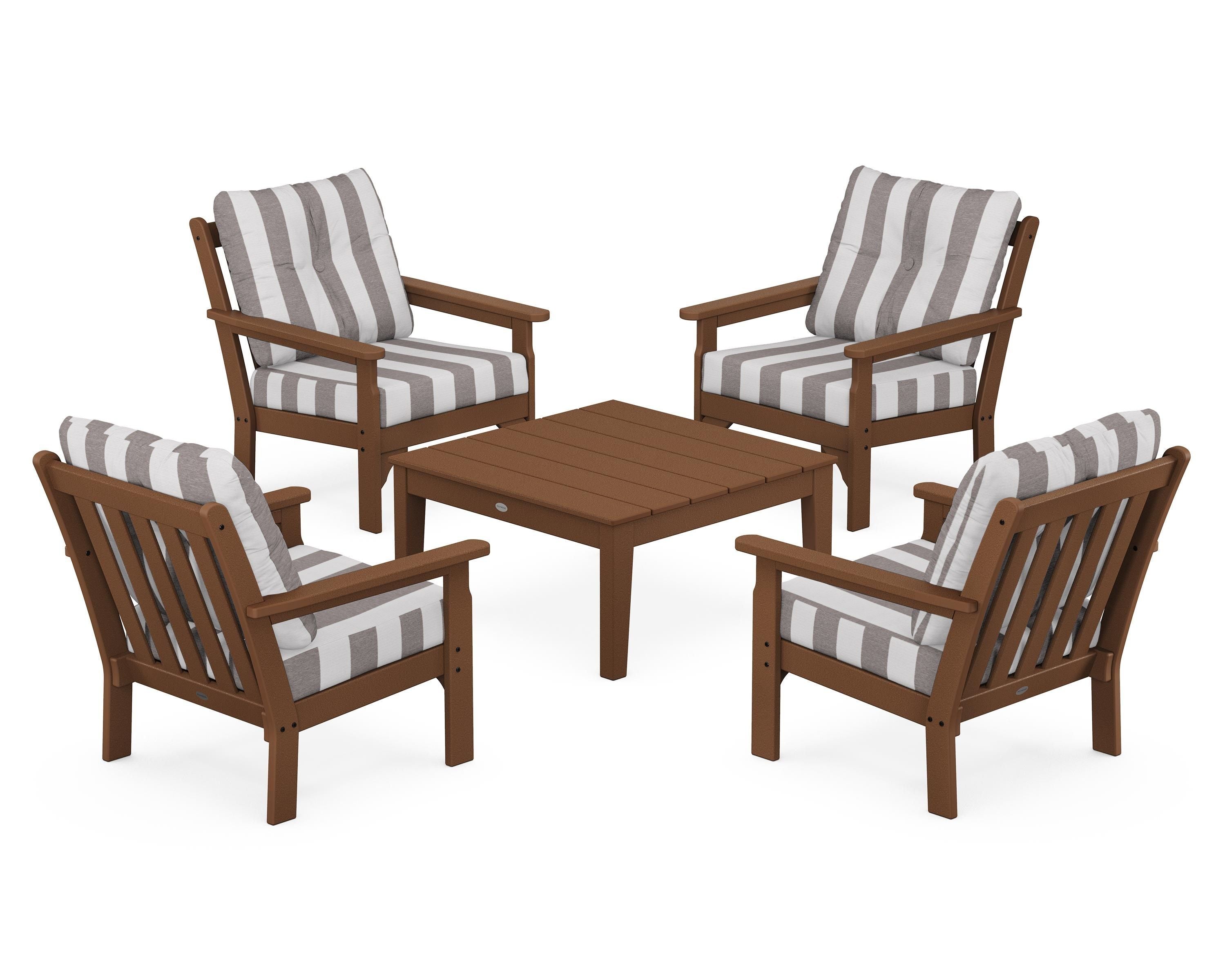 POLYWOOD® Vineyard 5-Piece Deep Seating Conversation Set in Teak / Cabana Stripe Grey Mist