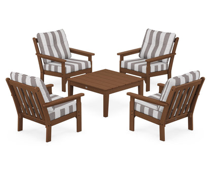 POLYWOOD® Vineyard 5-Piece Deep Seating Conversation Set in Teak / Cabana Stripe Grey Mist