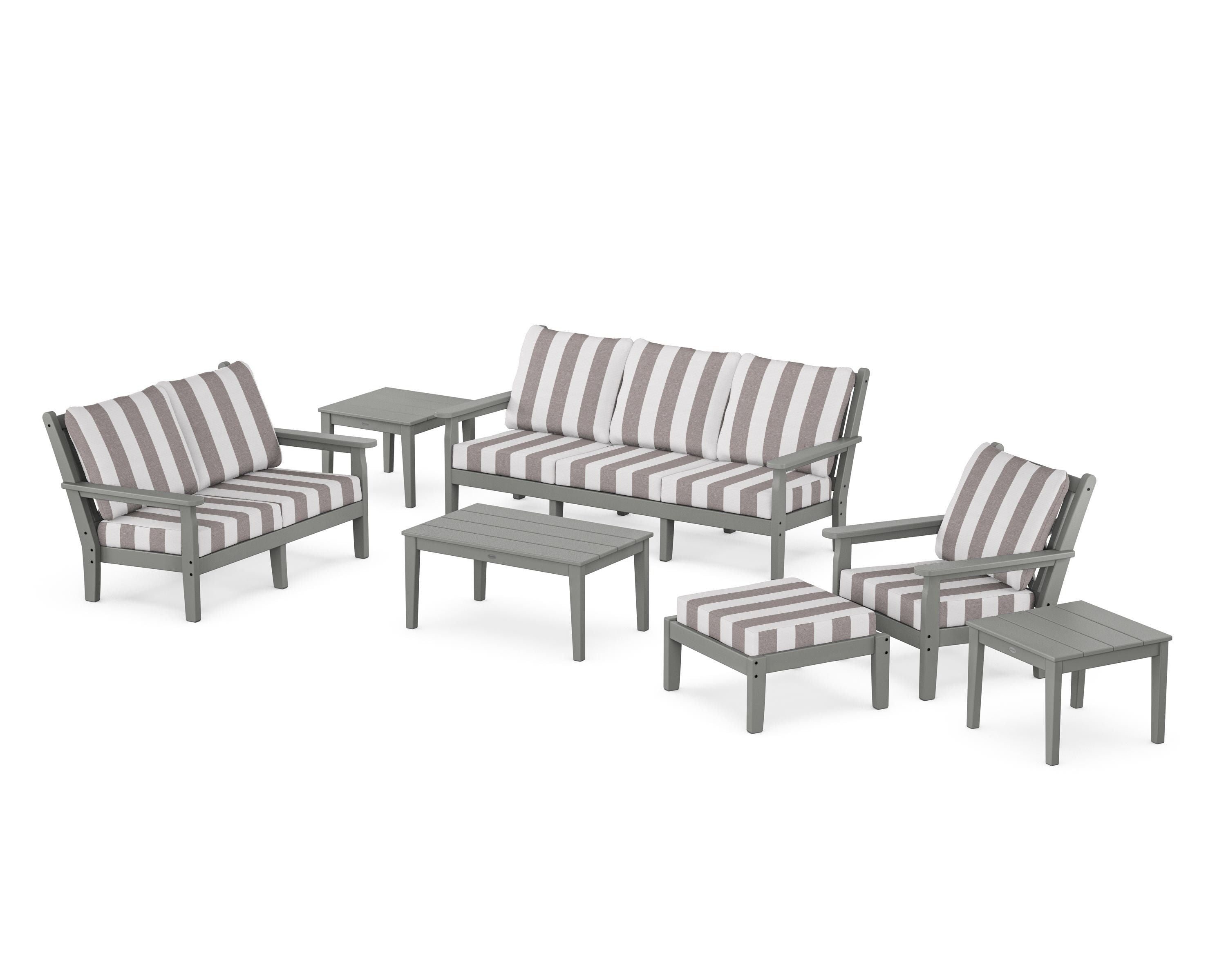 POLYWOOD® Chippendale 7-Piece Deep Seating Set in Slate Grey / Cabana Stripe Grey Mist