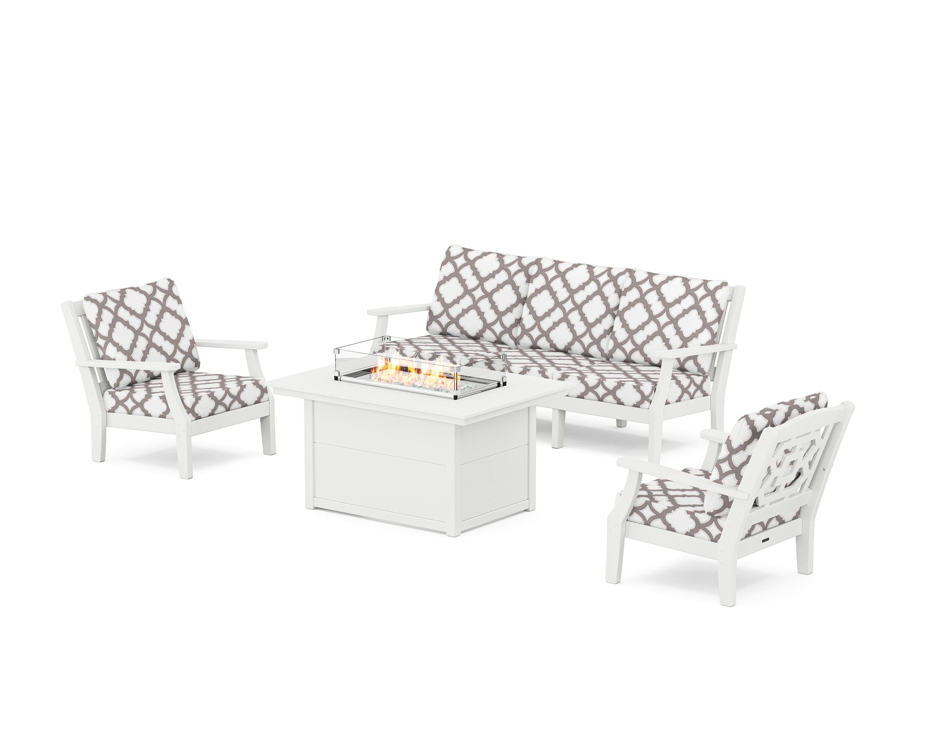 Martha Stewart by POLYWOOD® Chinoiserie Deep Seating Fire Pit Table Set in White / Trellis Grey Mist
