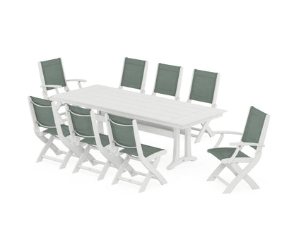 POLYWOOD® Coastal 9-Piece Folding Dining Chair Farmhouse Dining Set with Trestle Legs in White / Dupioni Sea Mist Sling