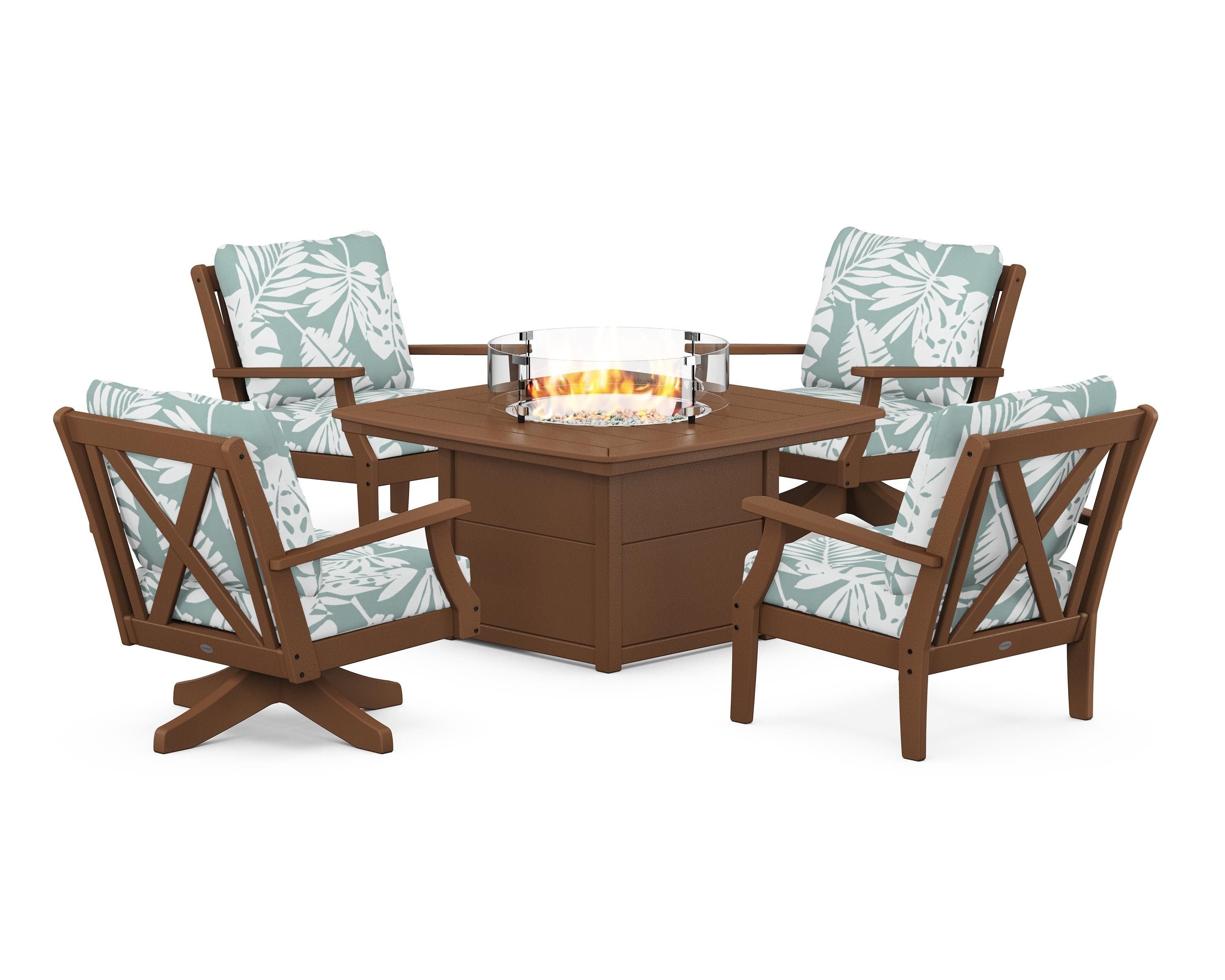 POLYWOOD® Braxton 5-Piece Deep Seating Set with Fire Table in Teak / Leaf Glacier Spa