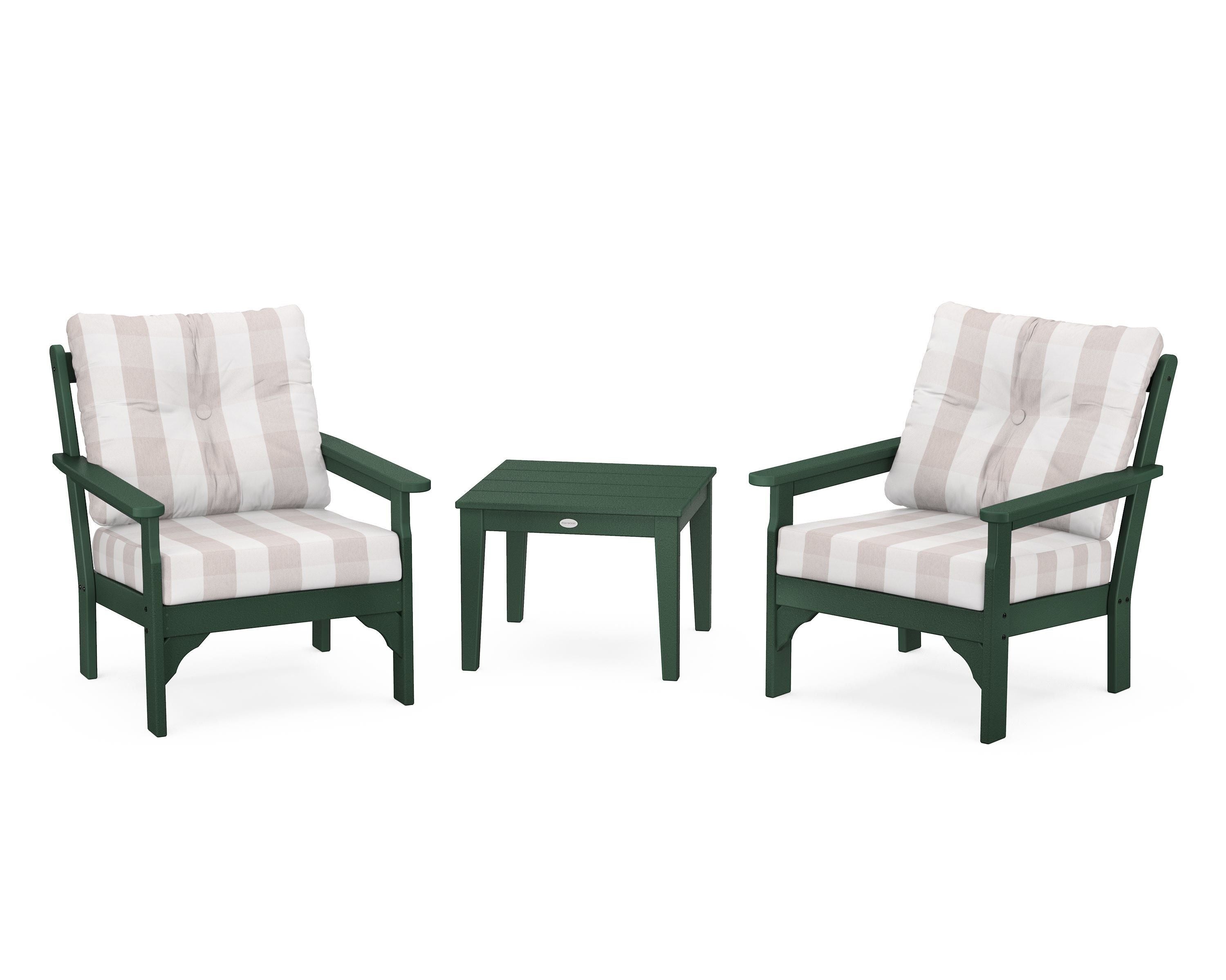 POLYWOOD® Vineyard 3-Piece Deep Seating Set in Green / Buffalo Plaid Dune Burlap