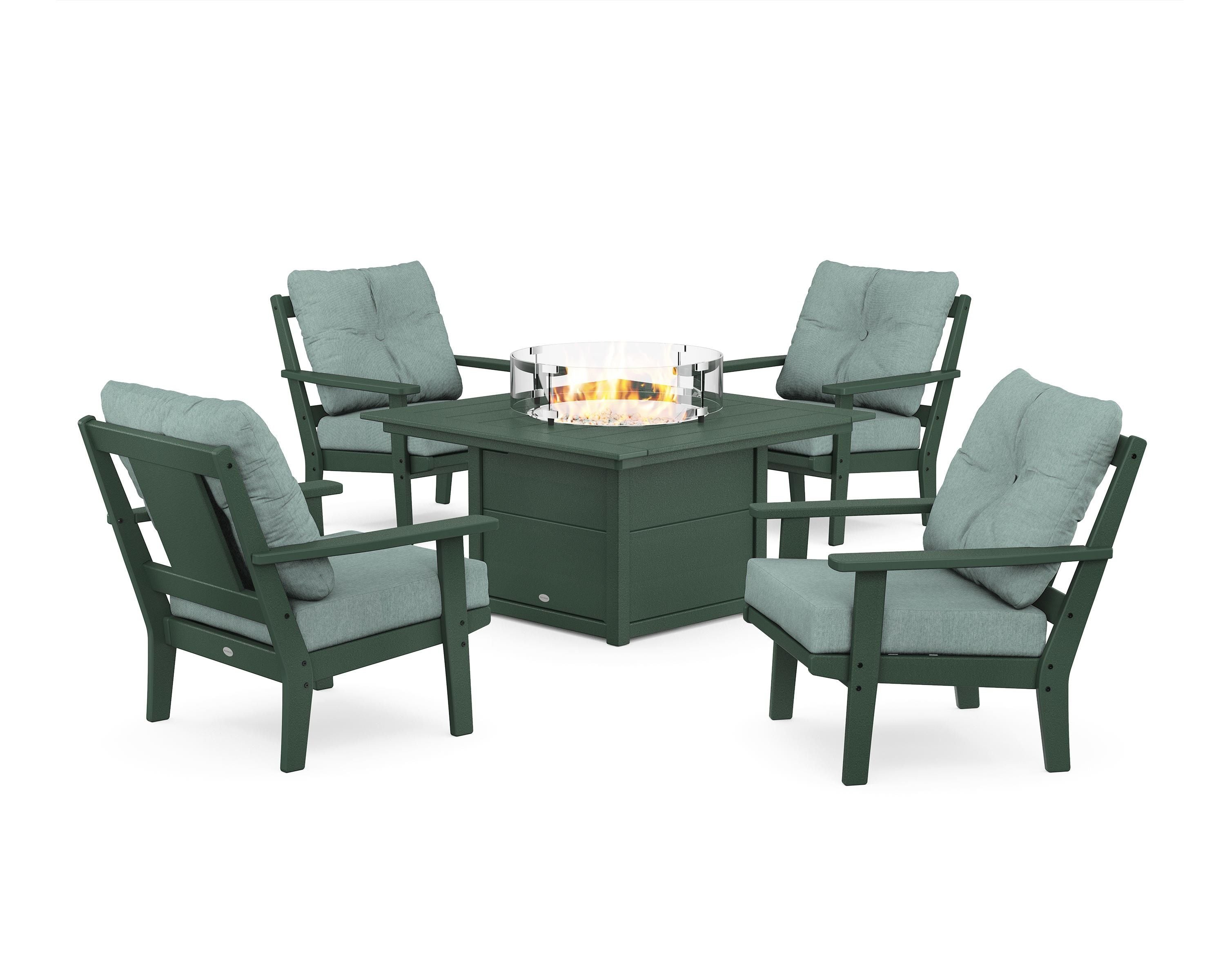POLYWOOD® Prairie 5-Piece Deep Seating Set with Fire Pit Table in Green / Glacier Spa