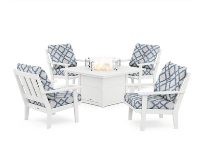 POLYWOOD® Oxford 5-Piece Deep Seating Set with Fire Pit Table in White / Trellis Sky Blue