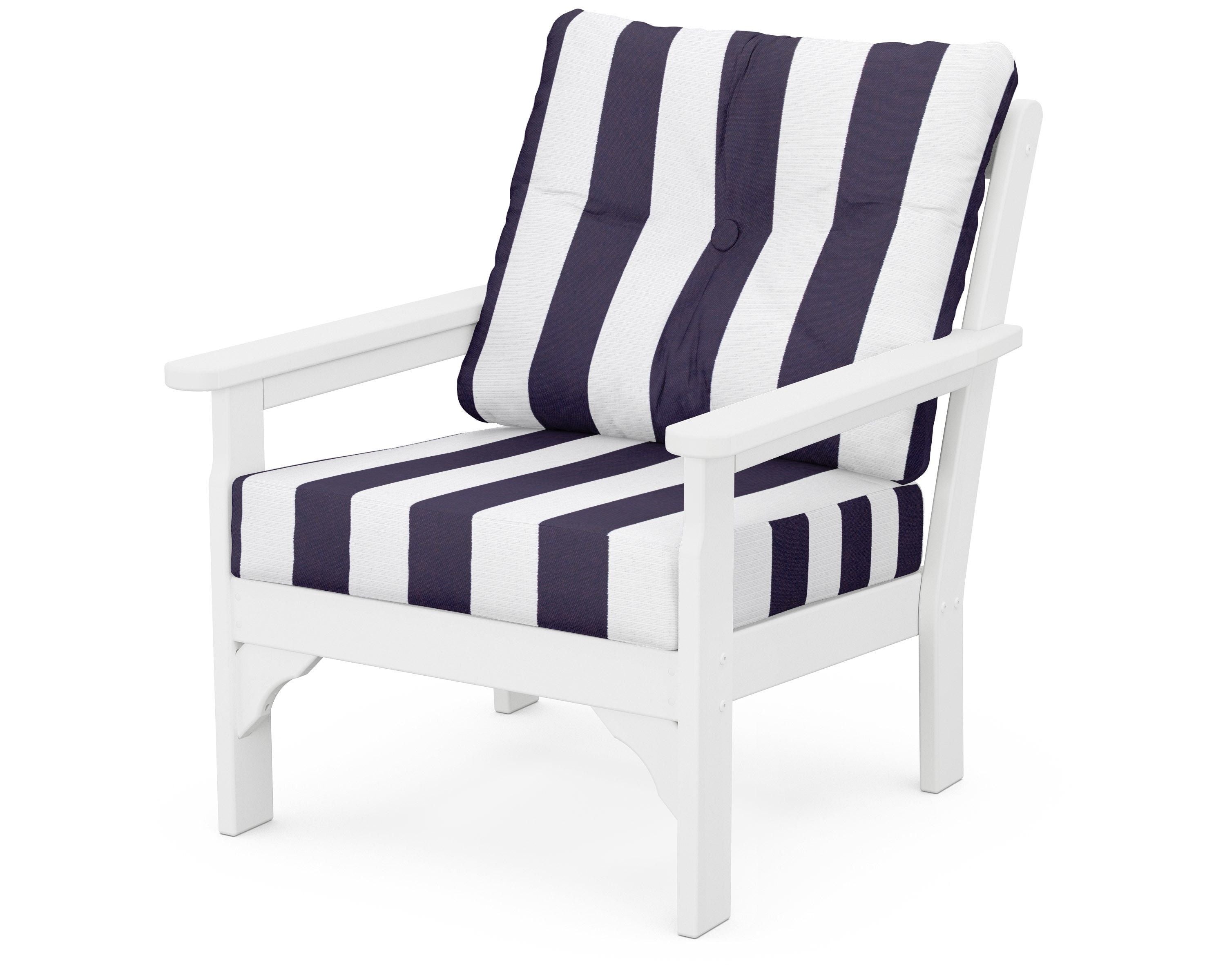 POLYWOOD® Vineyard Deep Seating Chair in White / Cabana Stripe Navy