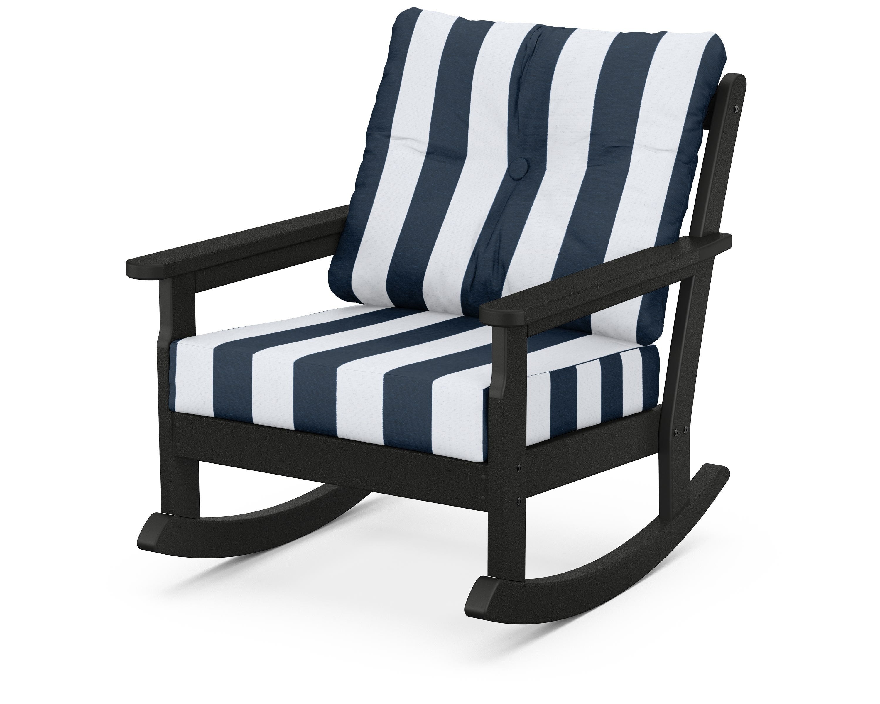 POLYWOOD® Vineyard Deep Seating Rocking Chair in Black / Cabana Stripe Marine Indigo