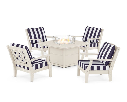 Martha Stewart by POLYWOOD® Chinoiserie 5-Piece Deep Seating Set with Fire Pit Table in Sand / Cabana Stripe Navy