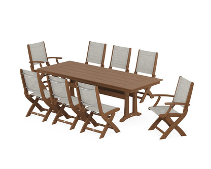 POLYWOOD® Coastal 9-Piece Folding Dining Chair Farmhouse Dining Set with Trestle Legs in Teak / Birch Sling