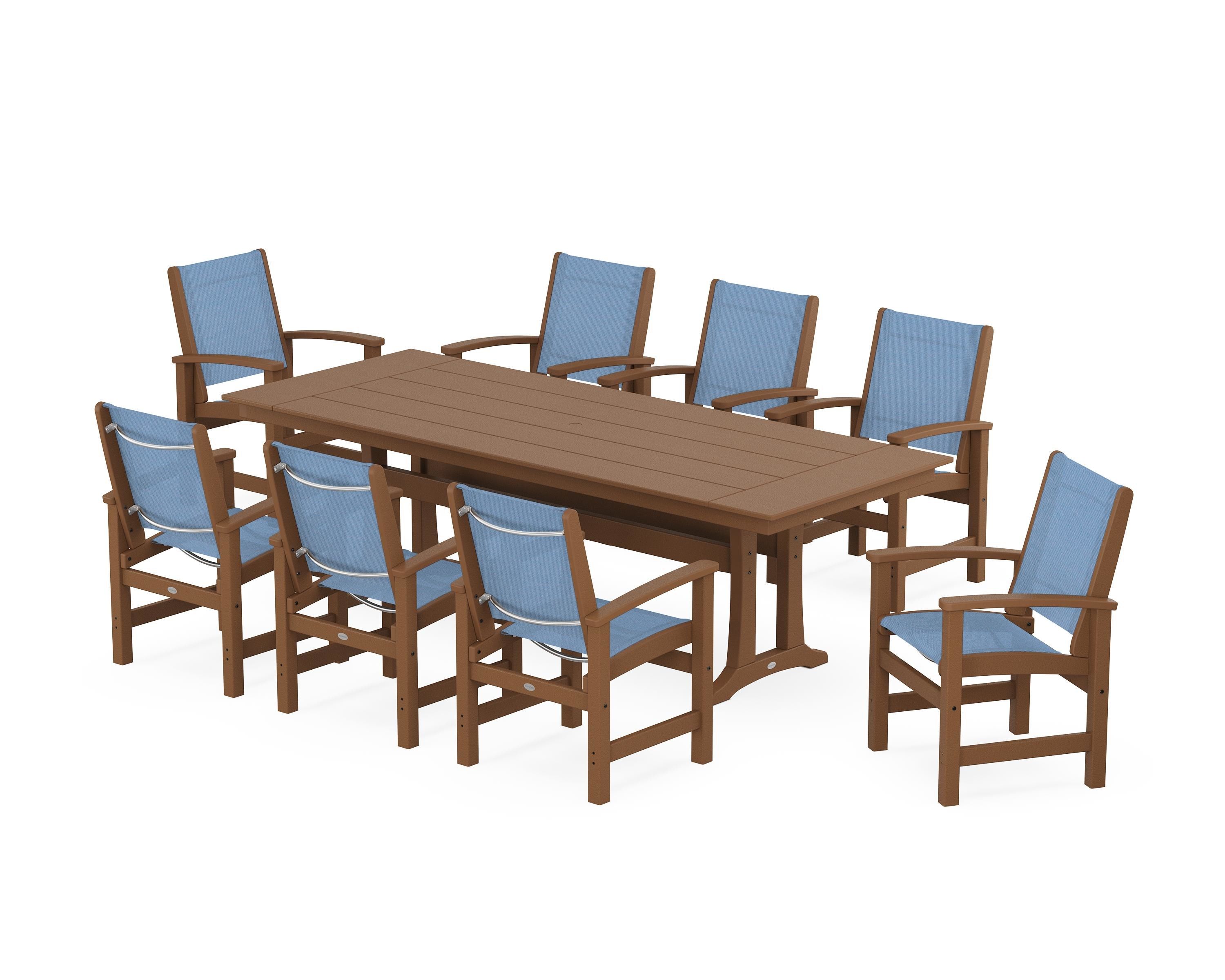 POLYWOOD® Coastal 9-Piece Farmhouse Dining Set with Trestle Legs in Teak / Poolside Sling