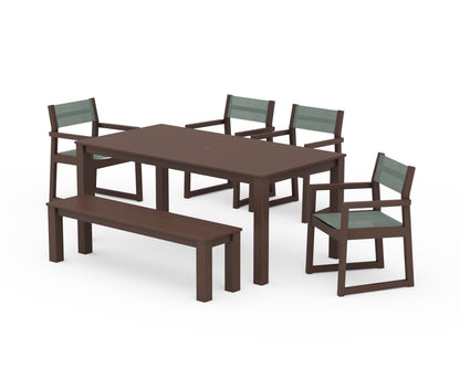 POLYWOOD® EDGE Sling Arm Chair 6-Piece Parsons Dining Set with Bench in Mahogany / Dupioni Sea Mist Sling