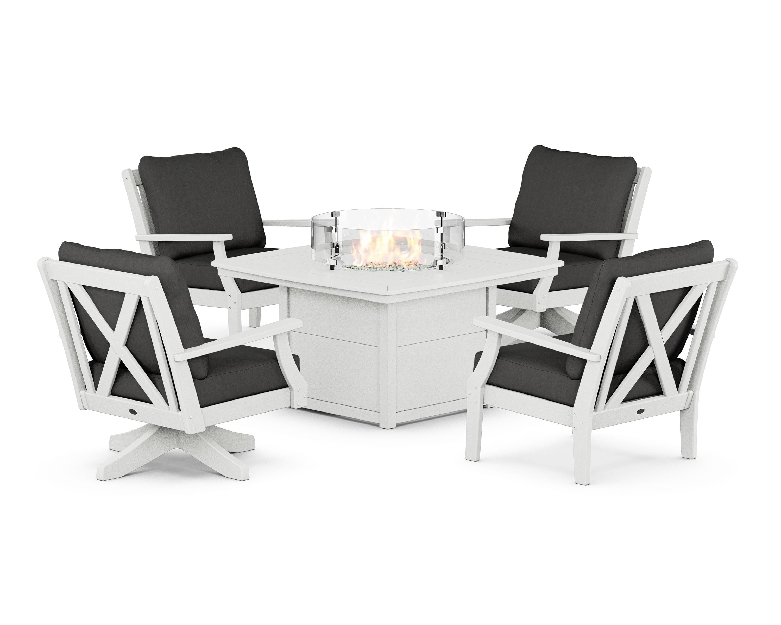 POLYWOOD® Braxton 5-Piece Deep Seating Set with Fire Table in Vintage White / Spectrum Carbon