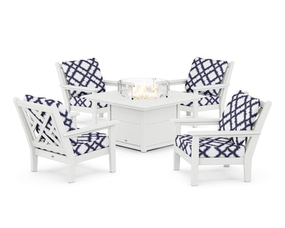 POLYWOOD® Chippendale 5-Piece Deep Seating Set with Fire Pit Table in White / Trellis Navy