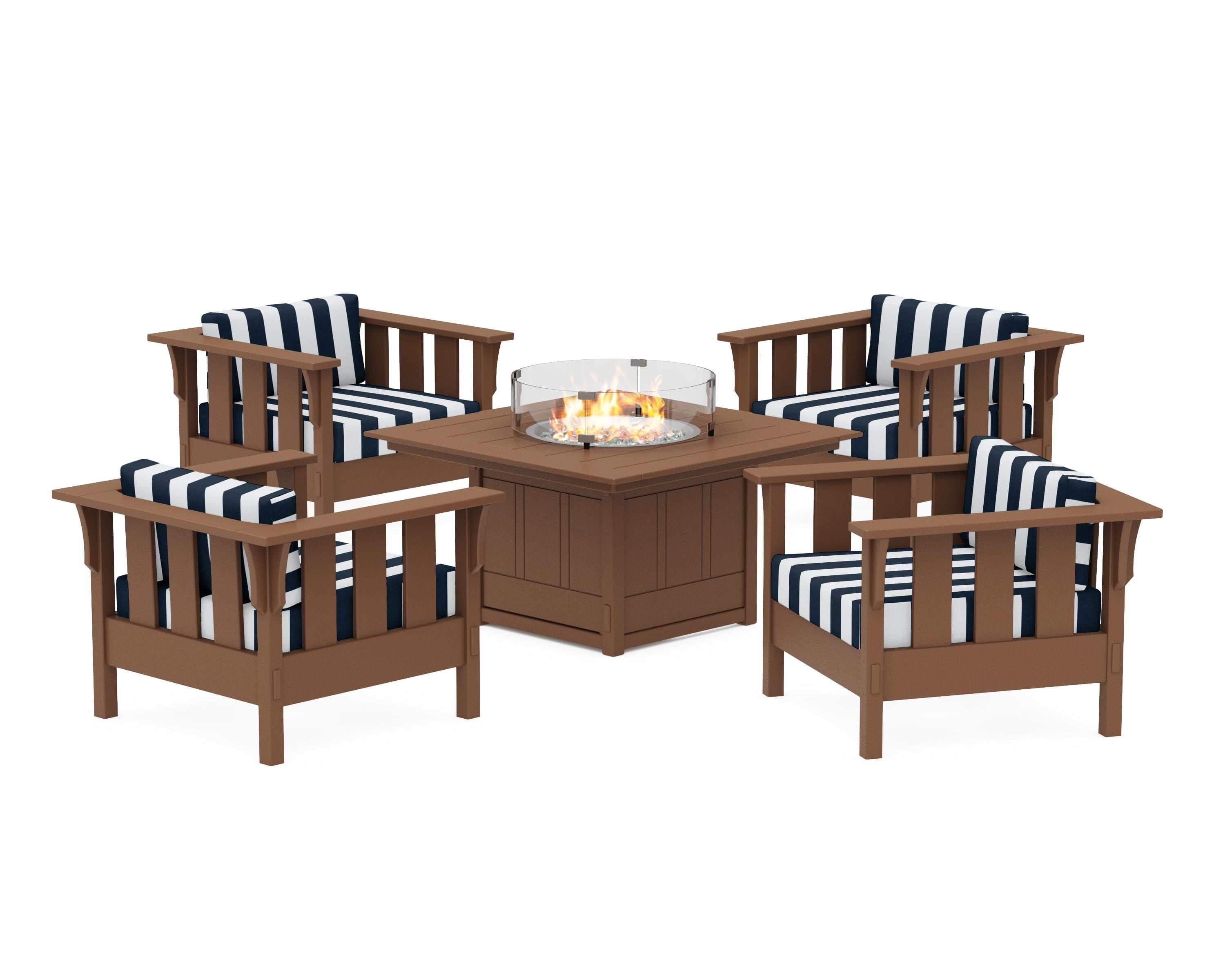 Martha Stewart by POLYWOOD® Acadia 5-Piece Deep Seating Set with Fire Pit Table in Teak / Cabana Stripe Marine Indigo
