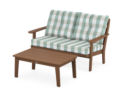 POLYWOOD® Lakeside 2-Piece Lounge Loveseat Set in Teak / Buffalo Plaid Glacier Spa