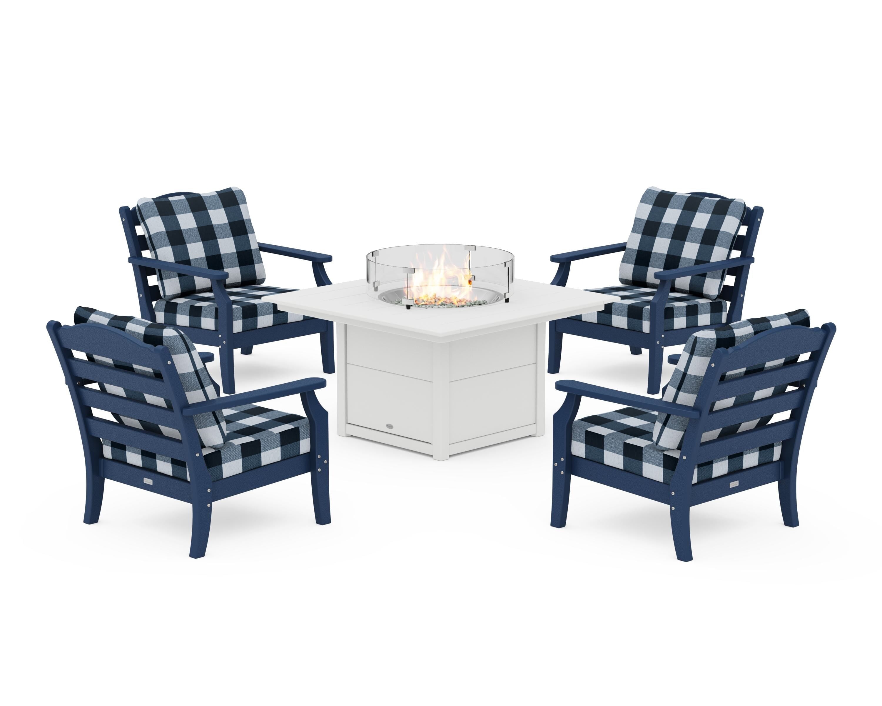 Draper James™ by  POLYWOOD® Savannah 5-Piece Deep Seating Set with Fire Pit Table in Navy / Buffalo Plaid Marine Indigo