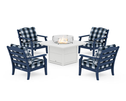 Draper James™ by  POLYWOOD® Savannah 5-Piece Deep Seating Set with Fire Pit Table in Navy / Buffalo Plaid Marine Indigo