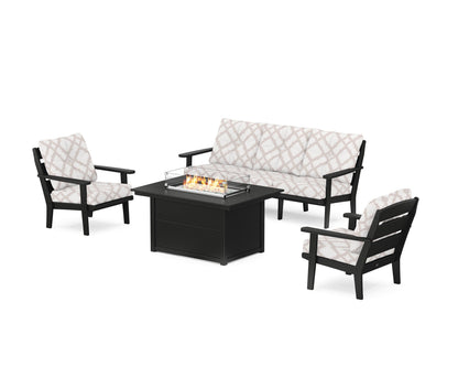 POLYWOOD® Lakeside Deep Seating Fire Pit Table Set in Black / Trellis Dune Burlap