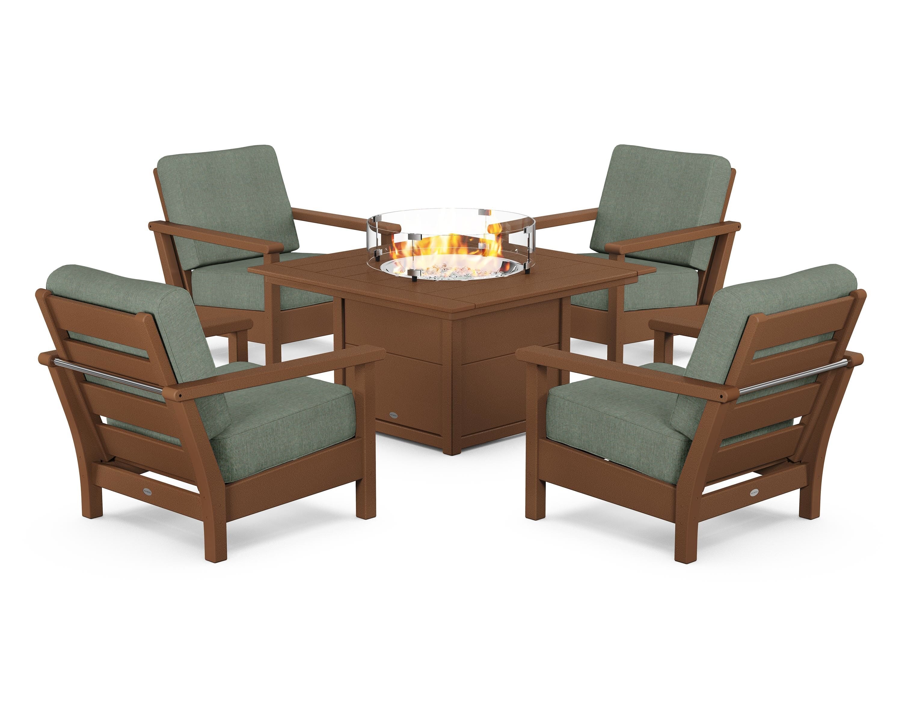 POLYWOOD® Harbour 5-Piece Conversation Set with Fire Pit Table in Teak / Cast Sage