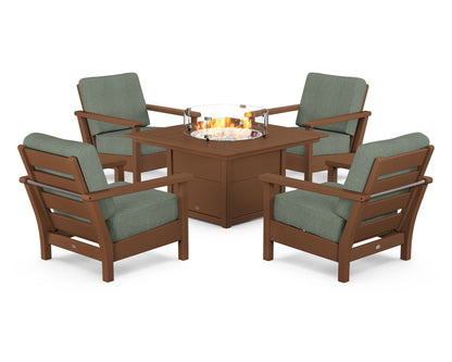 POLYWOOD® Harbour 5-Piece Conversation Set with Fire Pit Table in Teak / Cast Sage