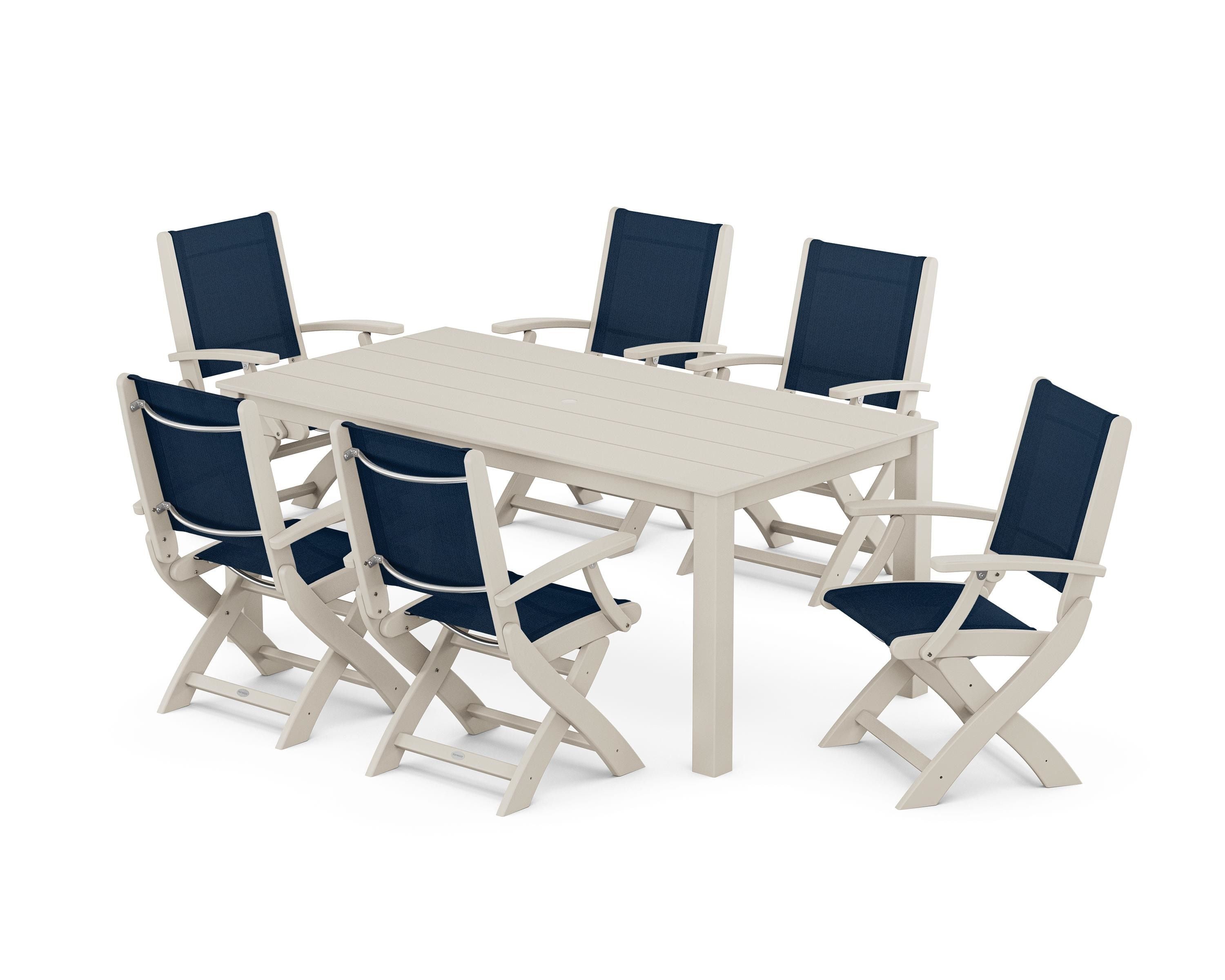 POLYWOOD® Coastal Folding Chair 7-Piece Parsons Dining Set in Sand / Navy Blue Sling