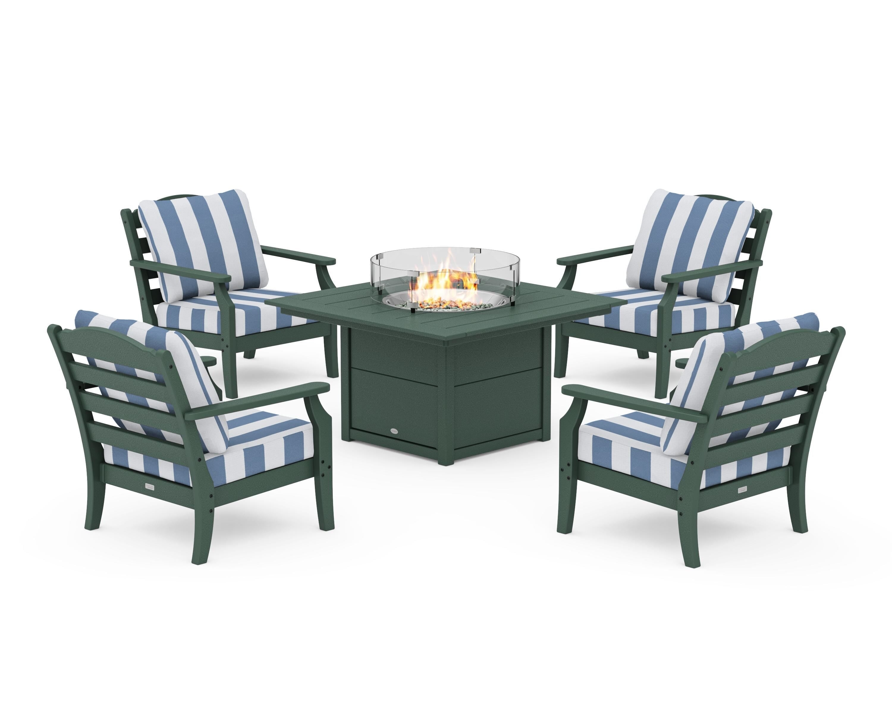 Draper James™ by  POLYWOOD® Savannah 5-Piece Deep Seating Set with Fire Pit Table in Green / Cabana Stripe Sky Blue