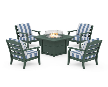 Draper James™ by  POLYWOOD® Savannah 5-Piece Deep Seating Set with Fire Pit Table in Green / Cabana Stripe Sky Blue