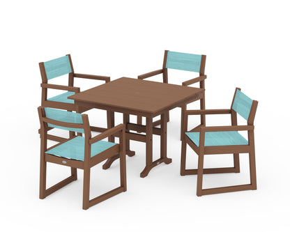 POLYWOOD® EDGE Sling Arm Chair 5-Piece Farmhouse Dining Set in Teak / Dupioni Aquamarine Sling