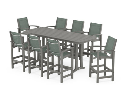 POLYWOOD® Coastal 9-Piece Bar Set with Trestle Legs in Slate Grey / Dupioni Sea Mist Sling