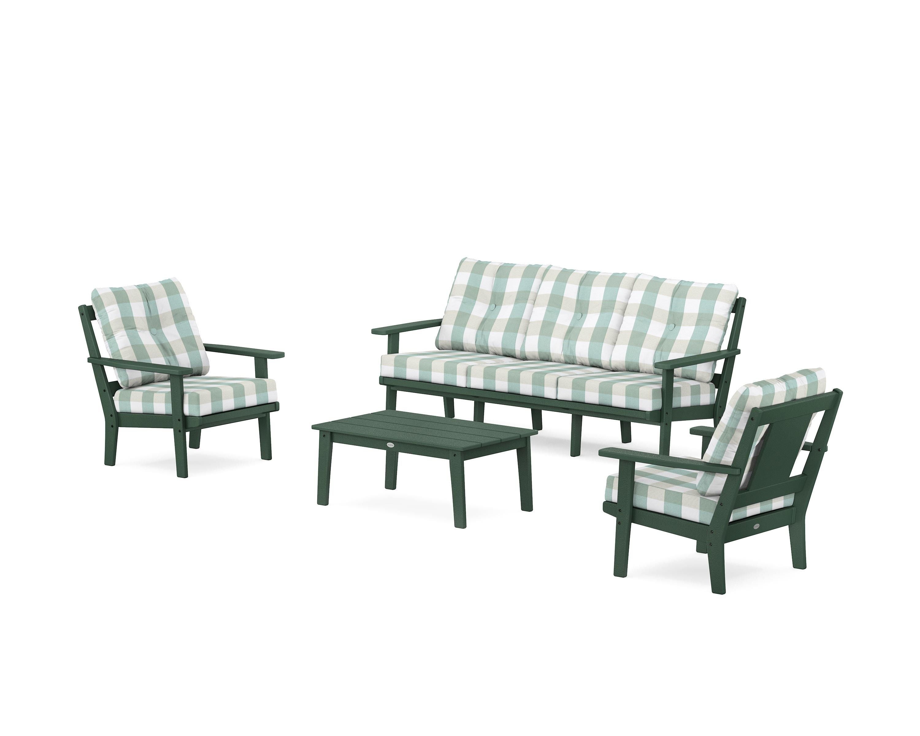 POLYWOOD® Prairie 4-Piece Deep Seating Set with Sofa in Green / Buffalo Plaid Glacier Spa