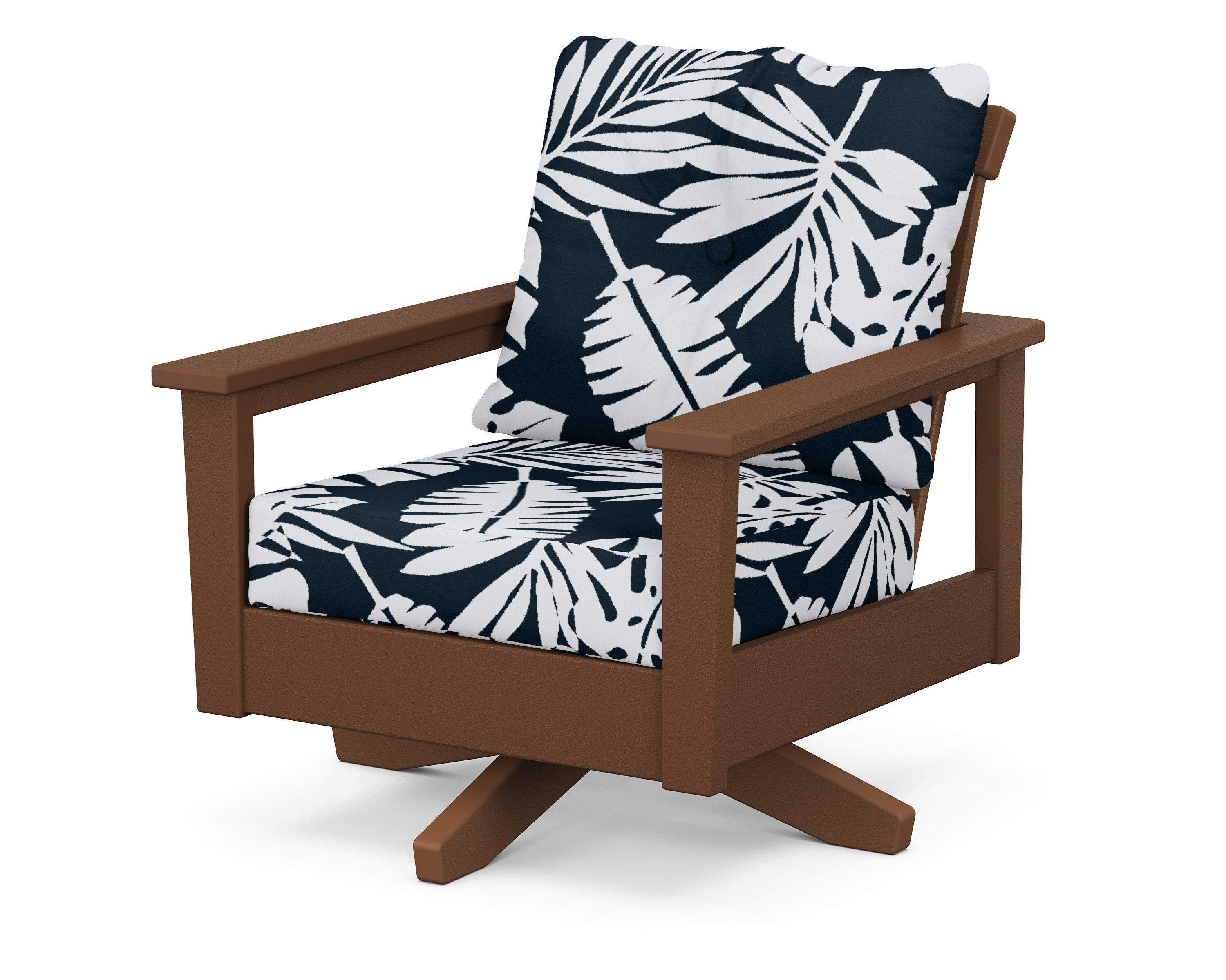 POLYWOOD® Prescott Deep Seating Swivel Chair in Teak / Leaf Marine Indigo