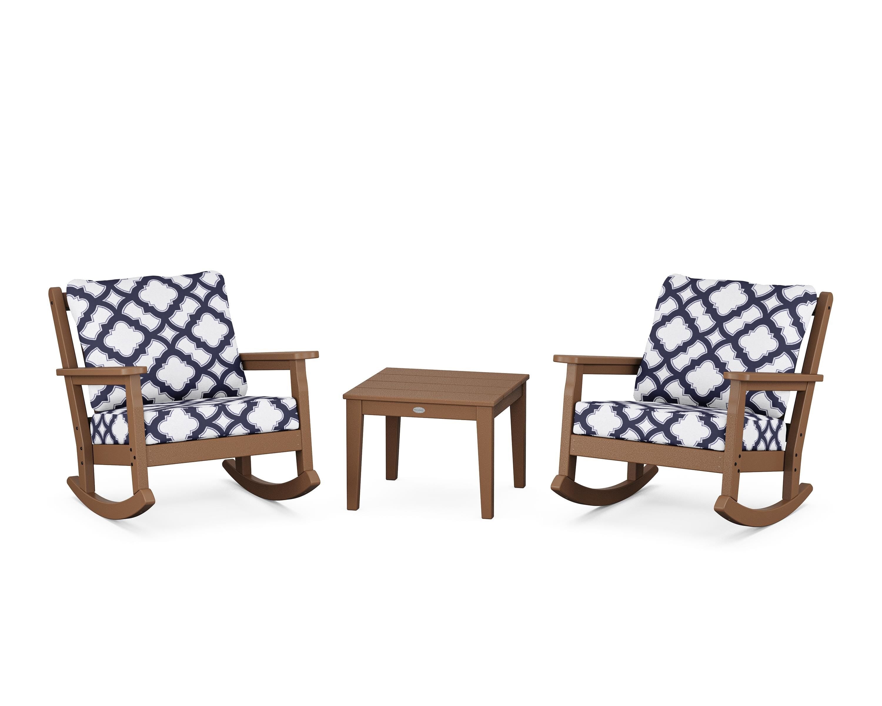 POLYWOOD® Chippendale 3-Piece Deep Seating Rocker Set in Teak / Trellis Navy