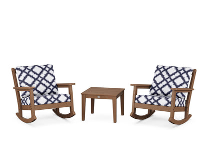 POLYWOOD® Chippendale 3-Piece Deep Seating Rocker Set in Teak / Trellis Navy