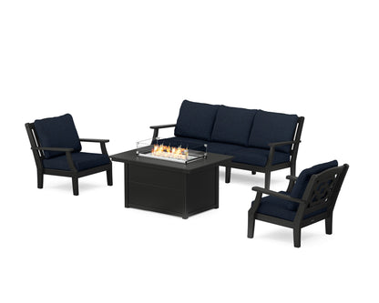 Martha Stewart by POLYWOOD® Chinoiserie Deep Seating Fire Pit Table Set in Black / Marine Indigo