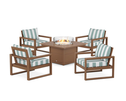 POLYWOOD® EDGE Sectional 5-Piece Deep Seating Set with Fire Pit Table in Teak / Cabana Stripe Glacier Spa