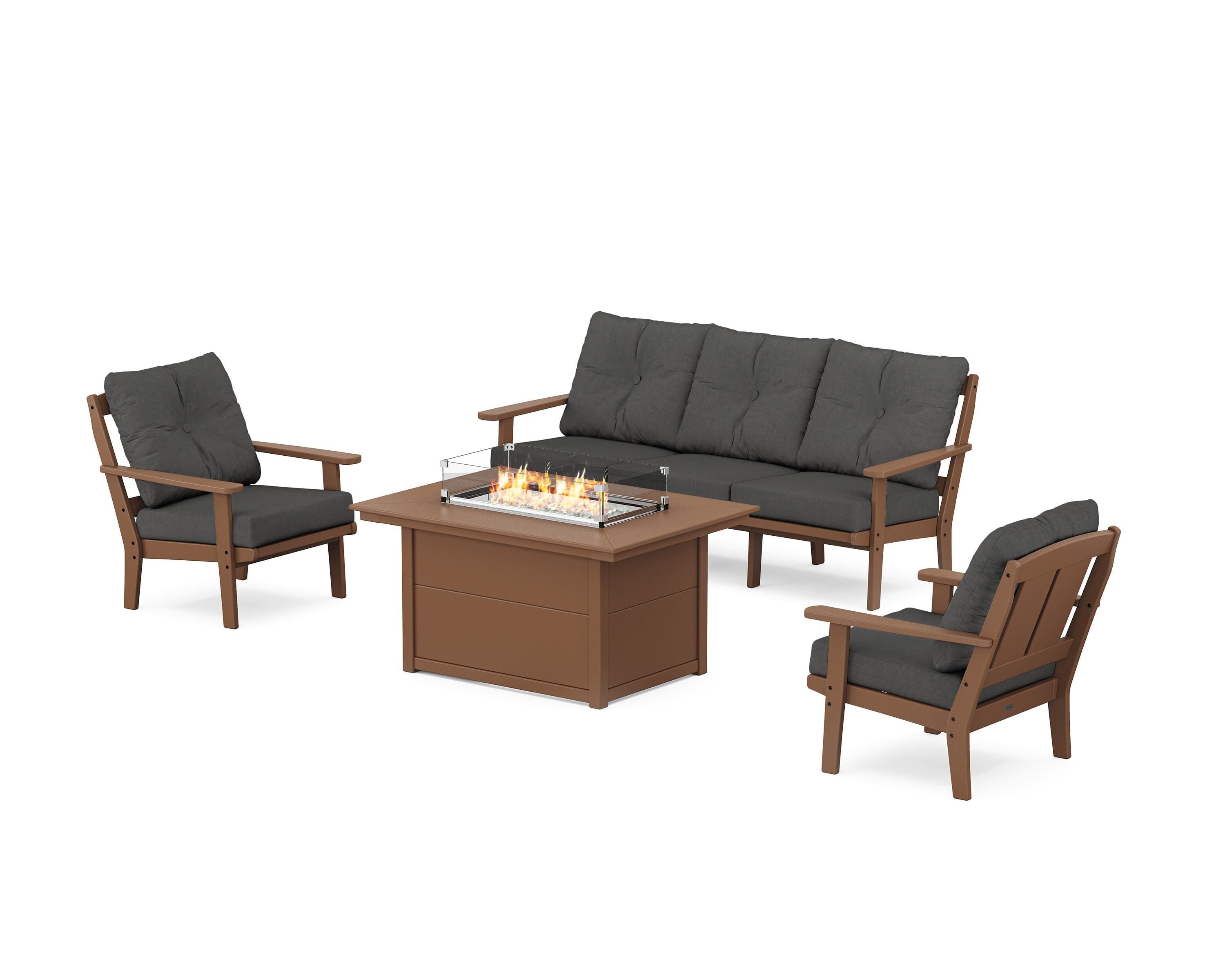 POLYWOOD® Mission Deep Seating Fire Pit Table Set in Teak / Spectrum Carbon