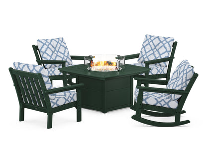 POLYWOOD® Vineyard 5-Piece Deep Seating Rocking Chair Conversation Set with Fire Pit Table in Green / Trellis Sky Blue
