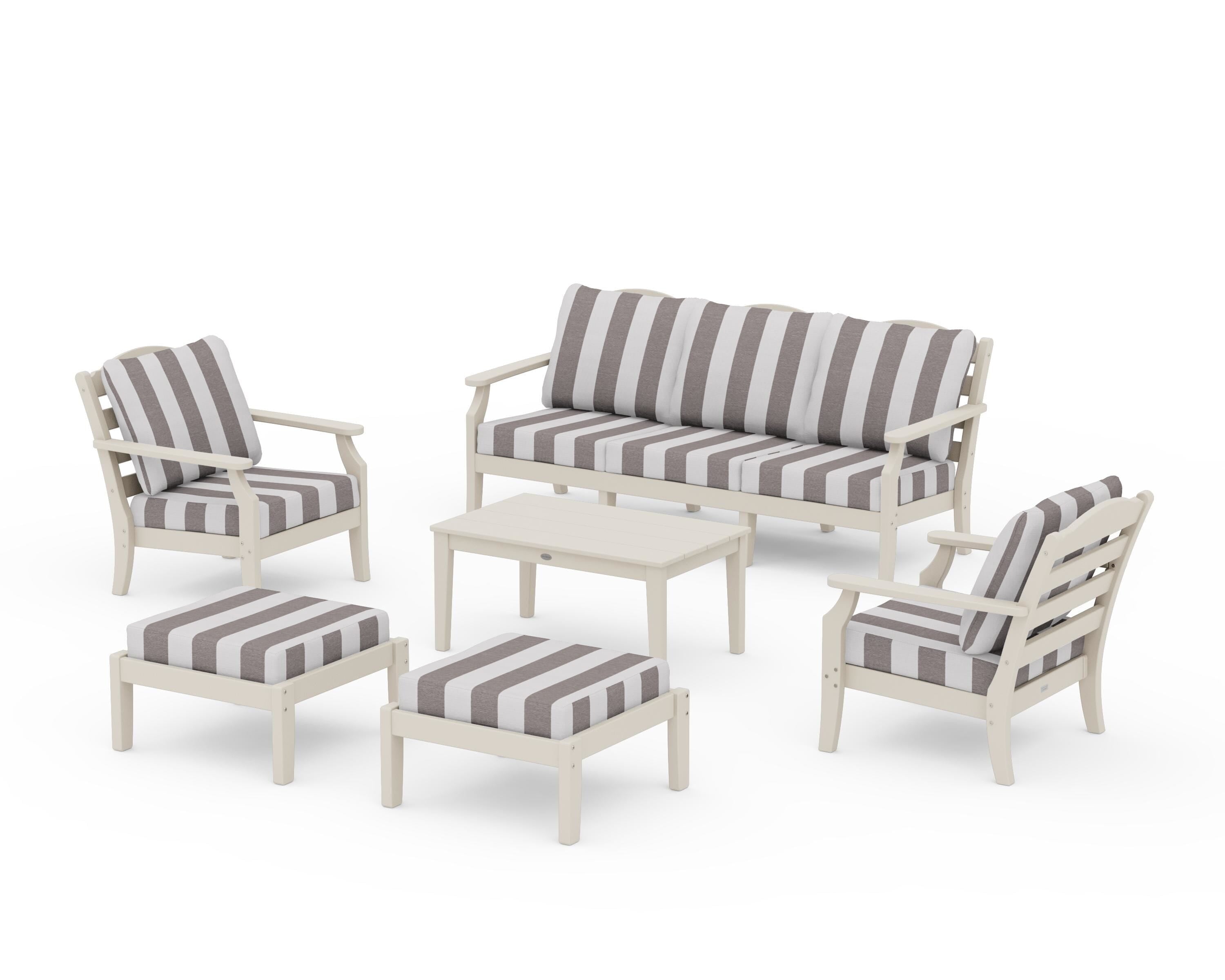 Draper James™ by  POLYWOOD® Savannah 6-Piece Lounge Sofa Set in Sand / Cabana Stripe Grey Mist