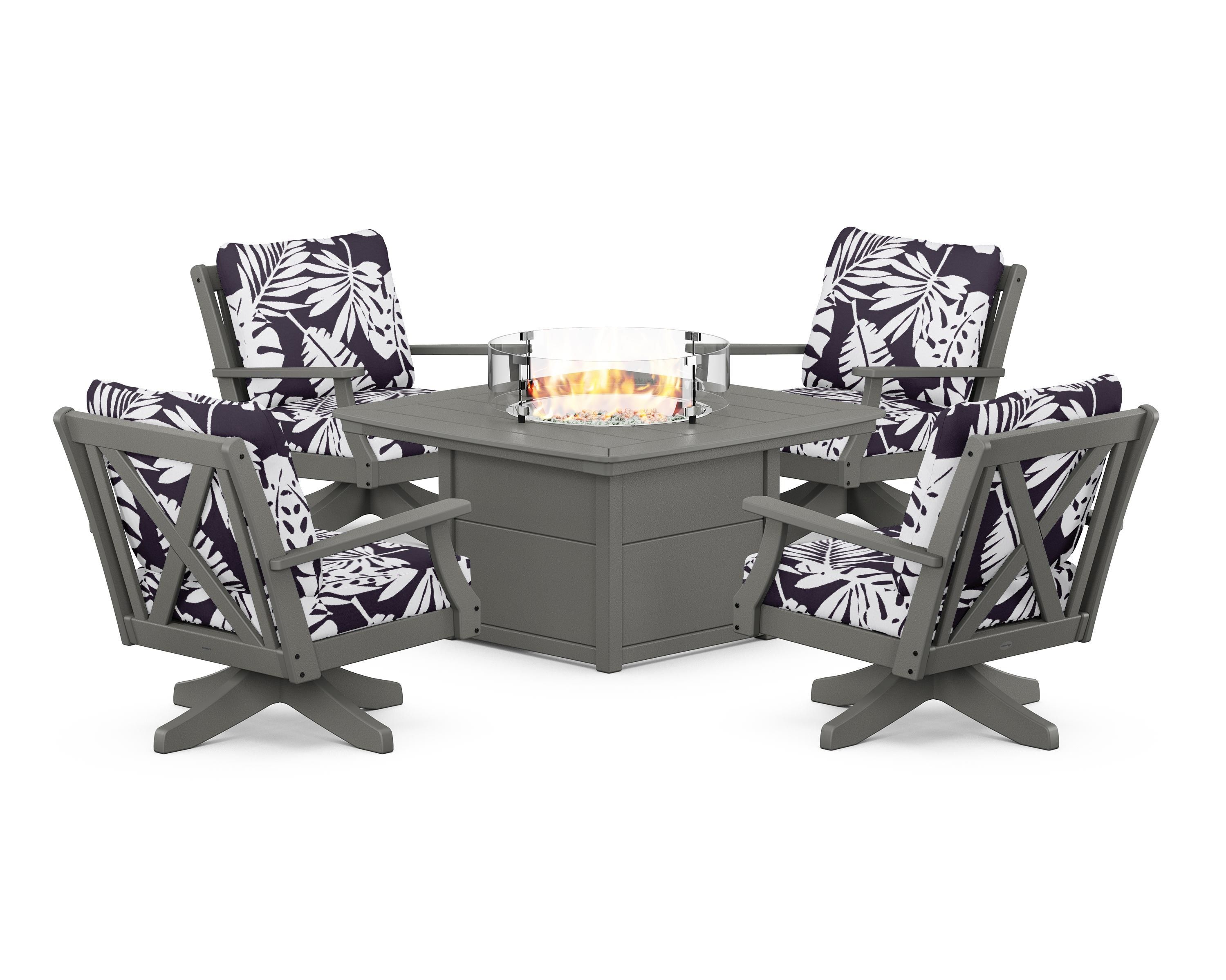 POLYWOOD® Braxton 5-Piece Deep Seating Swivel Conversation Set with Fire Pit Table in Slate Grey / Leaf Navy