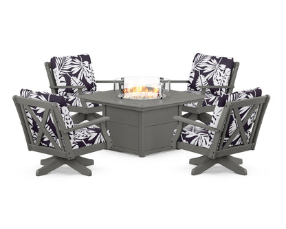 POLYWOOD® Braxton 5-Piece Deep Seating Swivel Conversation Set with Fire Pit Table in Slate Grey / Leaf Navy