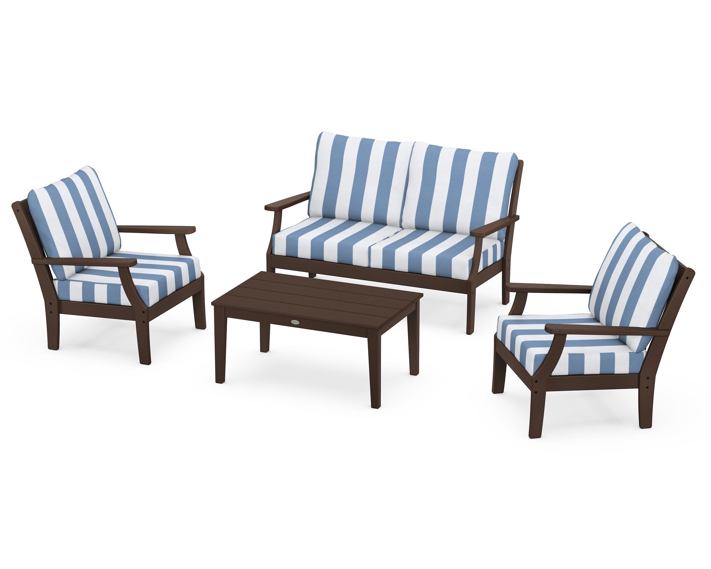 POLYWOOD® Braxton 4-Piece Deep Seating Chair Set in Mahogany / Cabana Stripe Sky Blue