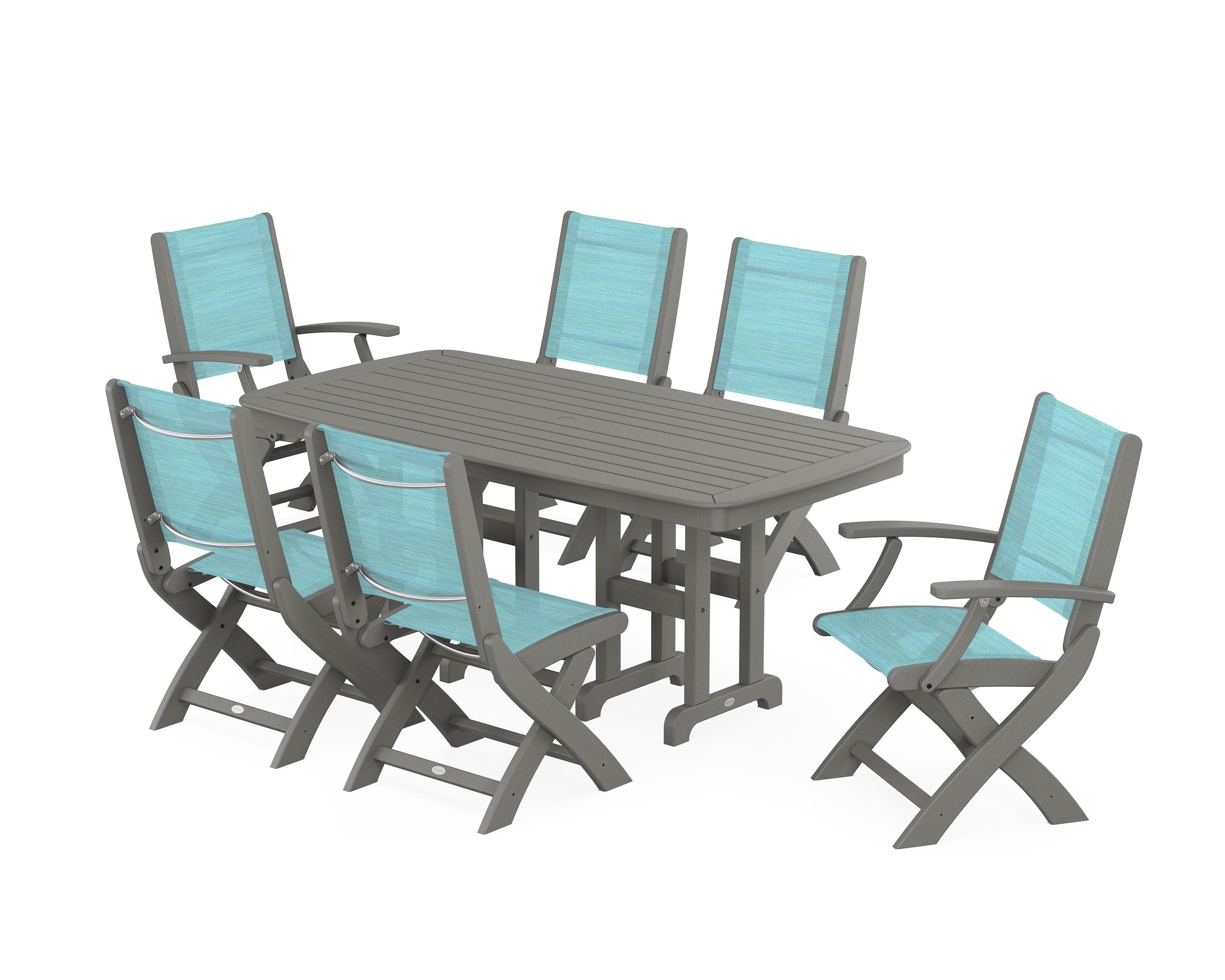 POLYWOOD® Coastal Folding Chair 7-Piece Dining Set in Slate Grey / Dupioni Aquamarine Sling