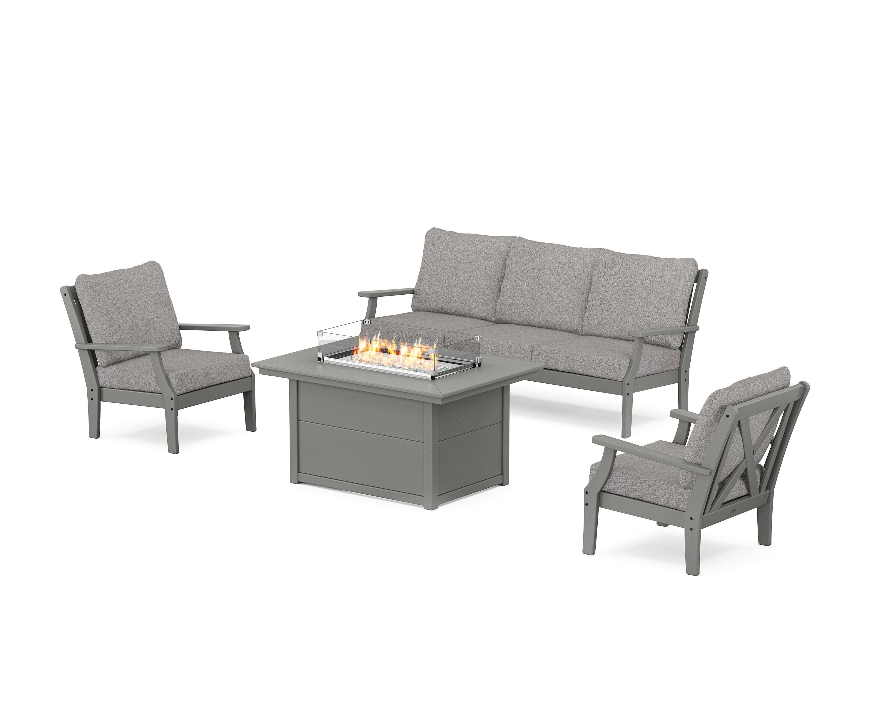 POLYWOOD® Braxton Deep Seating Fire Pit Table Set in Slate Grey / Grey Mist