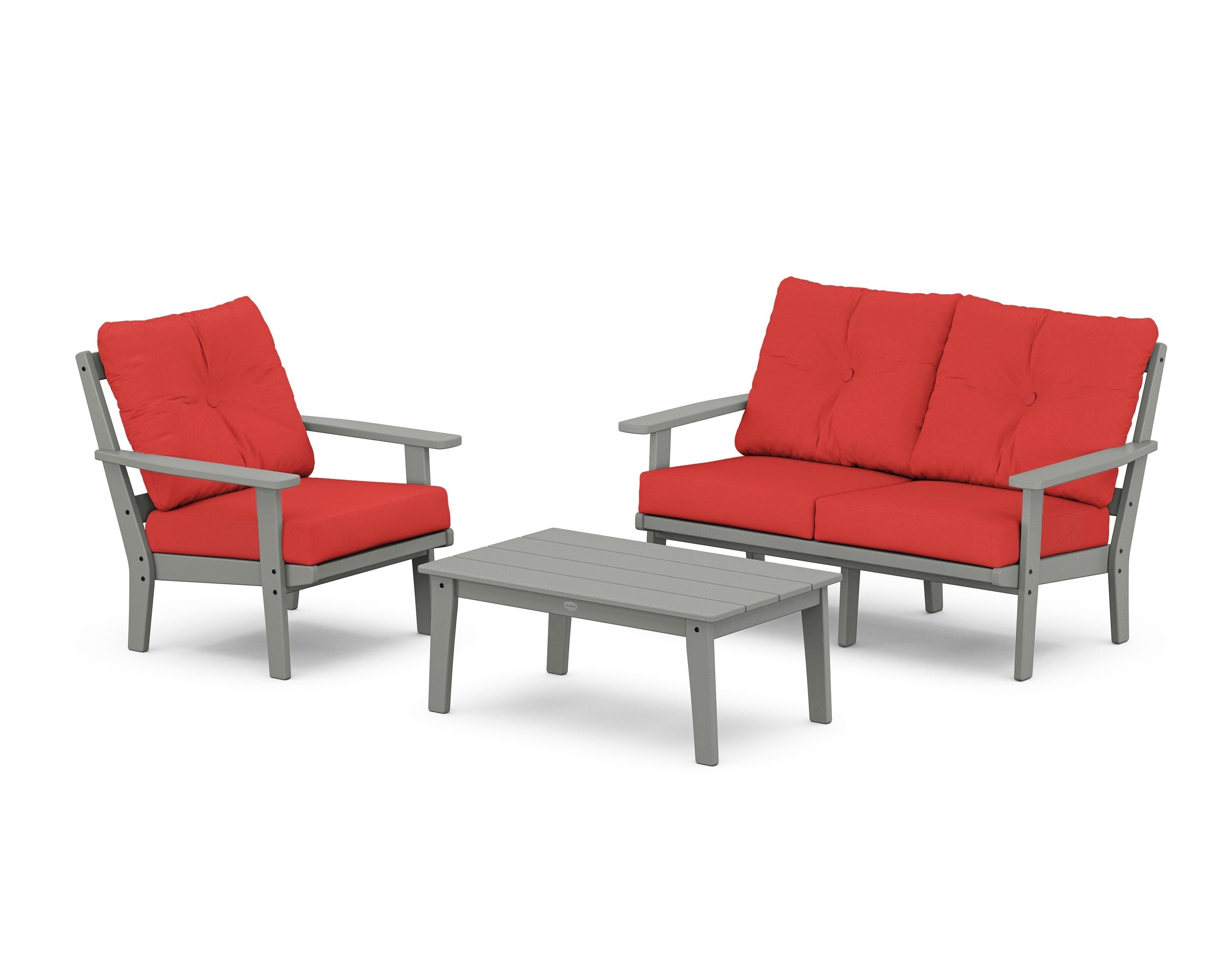 POLYWOOD® Oxford 3-Piece Deep Seating Set with Loveseat in Slate Grey / Crimson Linen