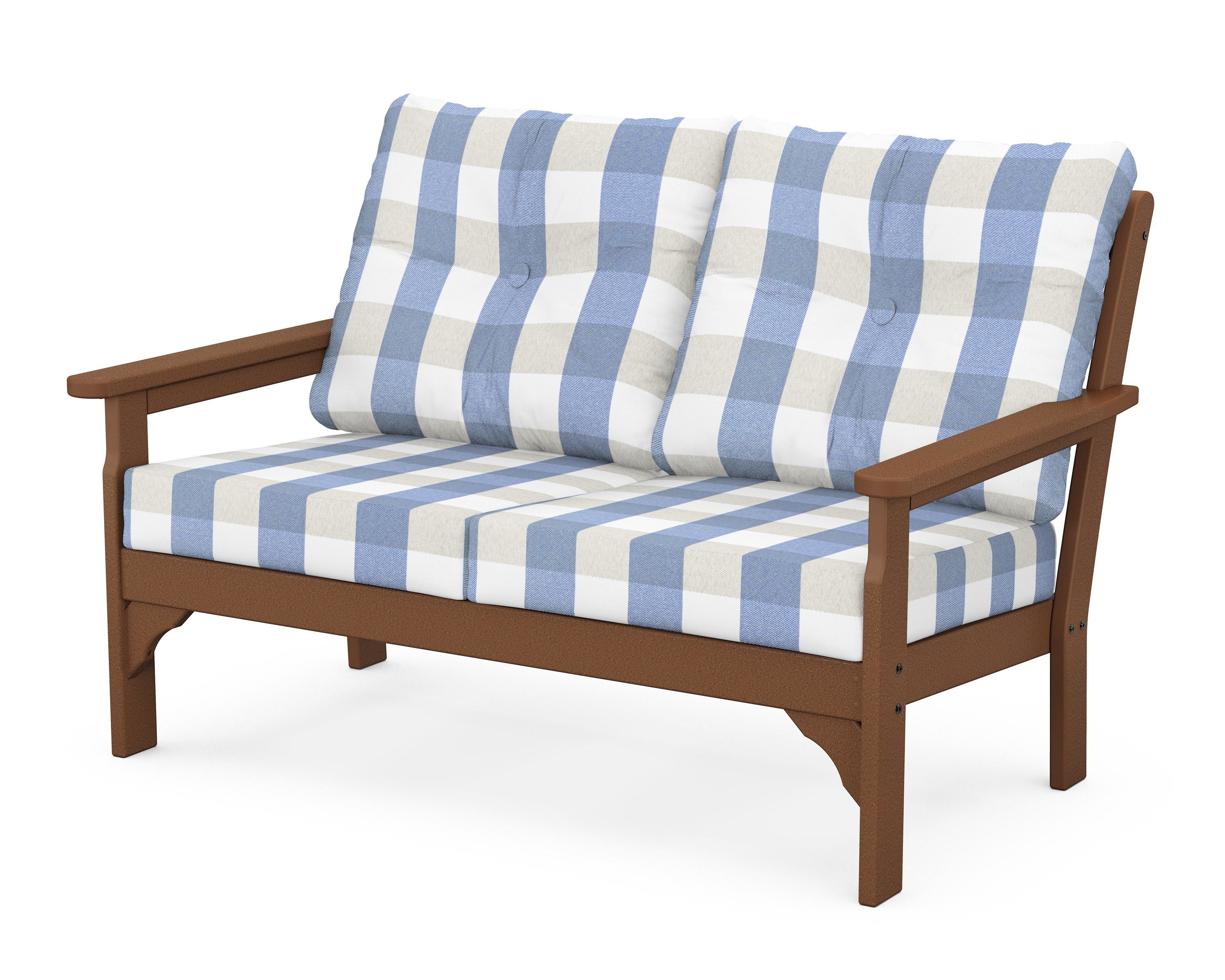POLYWOOD® Vineyard Deep Seating Loveseat in Teak / Buffalo Plaid Sky Blue