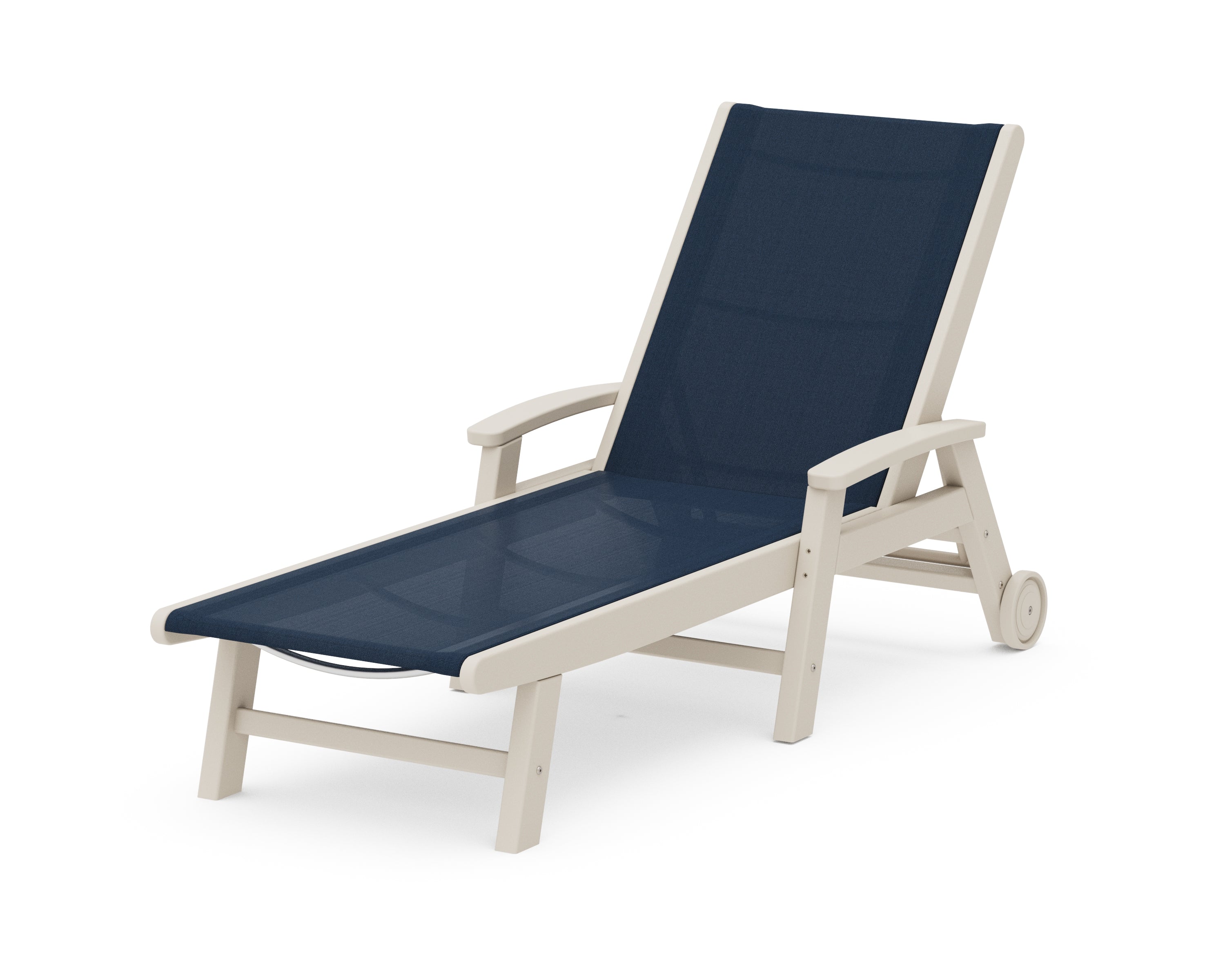 POLYWOOD® Coastal Chaise with Wheels in Sand / Navy Blue Sling